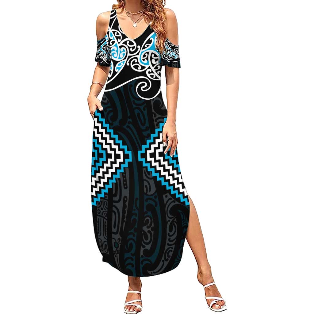 Blue Aotearoa Tukutuku Manawa Tapu Summer Maxi Dress Ta Moko Toi Maori