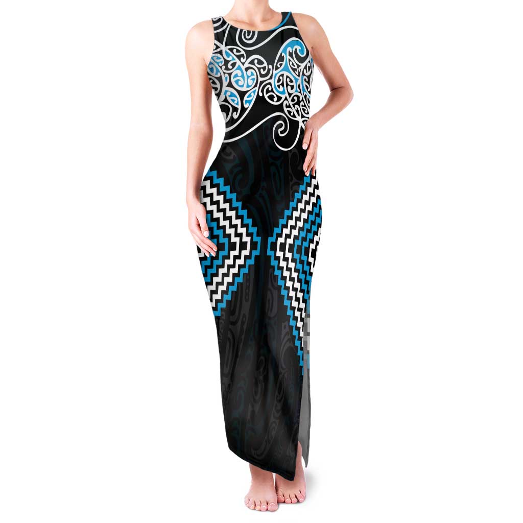 Blue Aotearoa Tukutuku Manawa Tapu Tank Maxi Dress Ta Moko Toi Maori