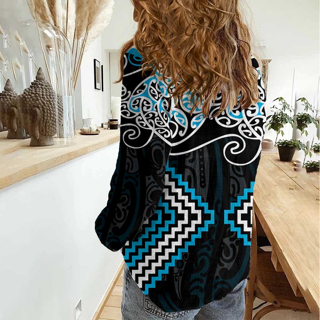 Blue Aotearoa Tukutuku Manawa Tapu Women Casual Shirt Ta Moko Toi Maori LT9 - Polynesian Pride
