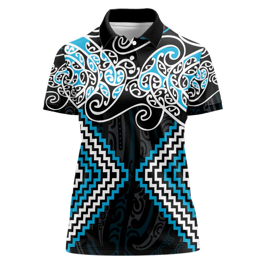 Blue Aotearoa Tukutuku Manawa Tapu Women Polo Shirt Ta Moko Toi Maori