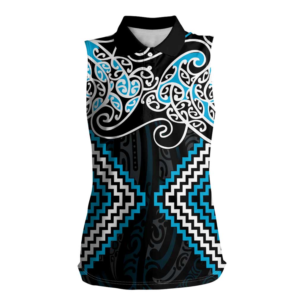 Blue Aotearoa Tukutuku Manawa Tapu Women Sleeveless Polo Shirt Ta Moko Toi Maori