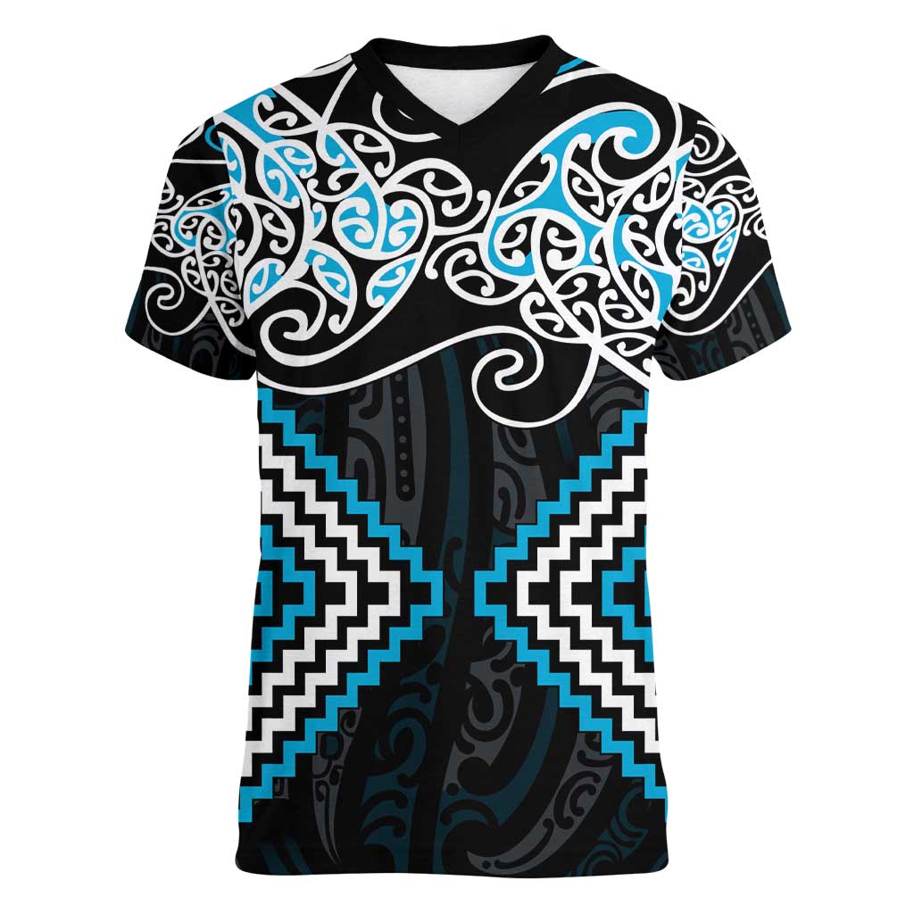 Blue Aotearoa Tukutuku Manawa Tapu Women V-Neck T-Shirt Ta Moko Toi Maori