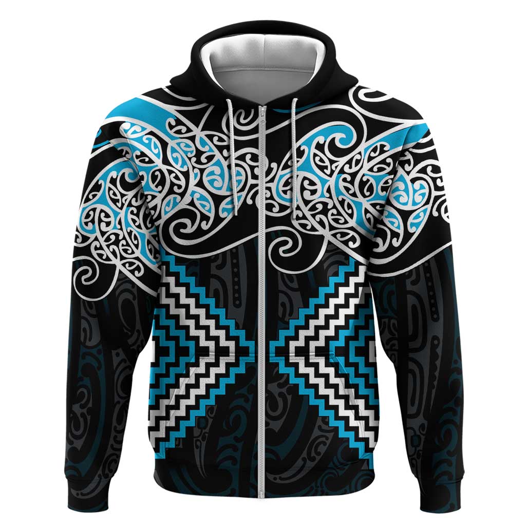 Blue Aotearoa Tukutuku Manawa Tapu Zip Hoodie Ta Moko Toi Maori