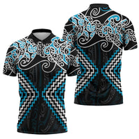 Blue Aotearoa Tukutuku Manawa Tapu Zipper Polo Shirt Ta Moko Toi Maori - Polynesian Pride