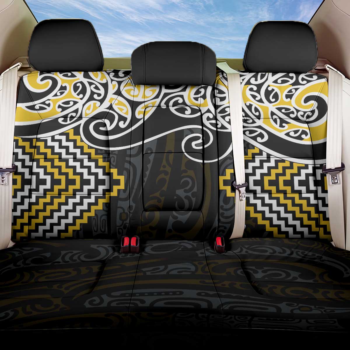 Gold Aotearoa Tukutuku Manawa Tapu Back Car Seat Cover Ta Moko Toi Maori