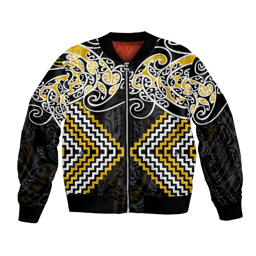 Gold Aotearoa Tukutuku Manawa Tapu Bomber Jacket Ta Moko Toi Maori LT9 Unisex Gold - Polynesian Pride