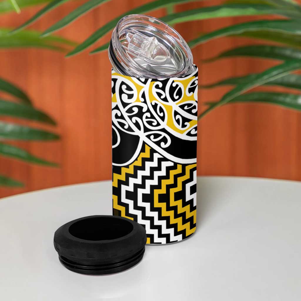 Gold Aotearoa Tukutuku Manawa Tapu 4 in 1 Can Cooler Tumbler Ta Moko Toi Maori
