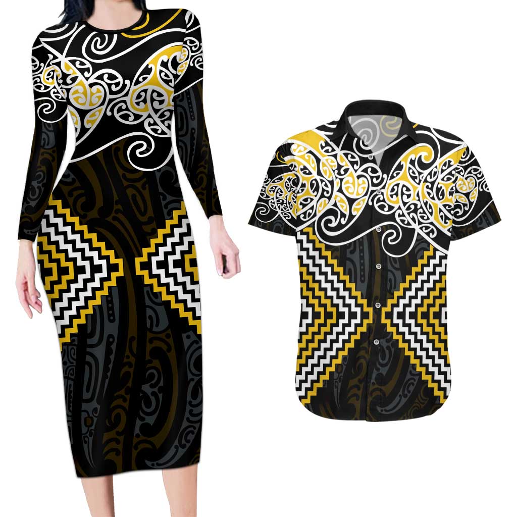 Gold Aotearoa Tukutuku Manawa Tapu Couples Matching Long Sleeve Bodycon Dress and Hawaiian Shirt Ta Moko Toi Maori