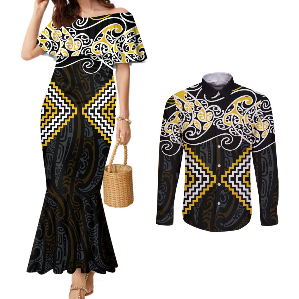 Gold Aotearoa Tukutuku Manawa Tapu Couples Matching Mermaid Dress and Long Sleeve Button Shirt Ta Moko Toi Maori