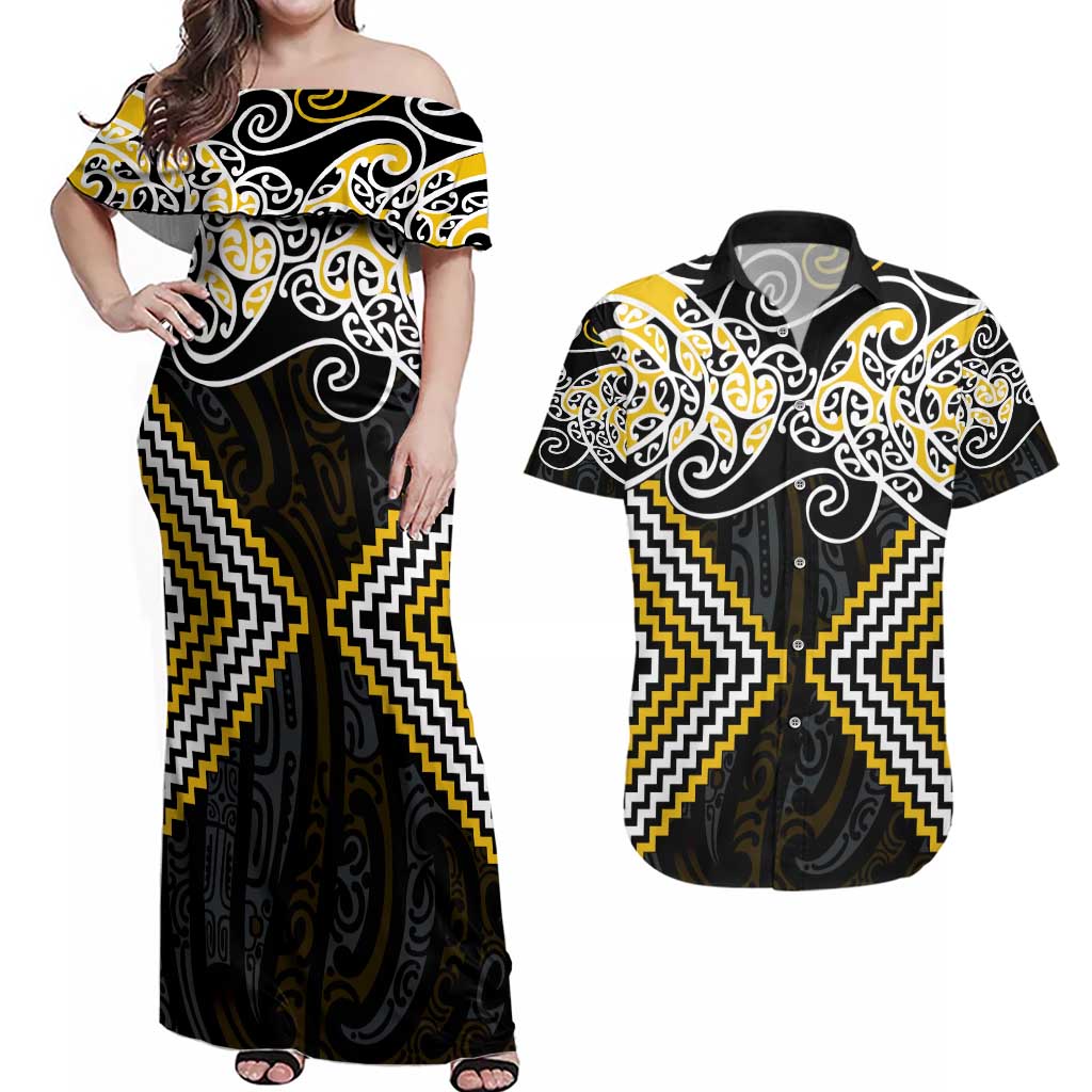 Gold Aotearoa Tukutuku Manawa Tapu Couples Matching Off Shoulder Maxi Dress and Hawaiian Shirt Ta Moko Toi Maori