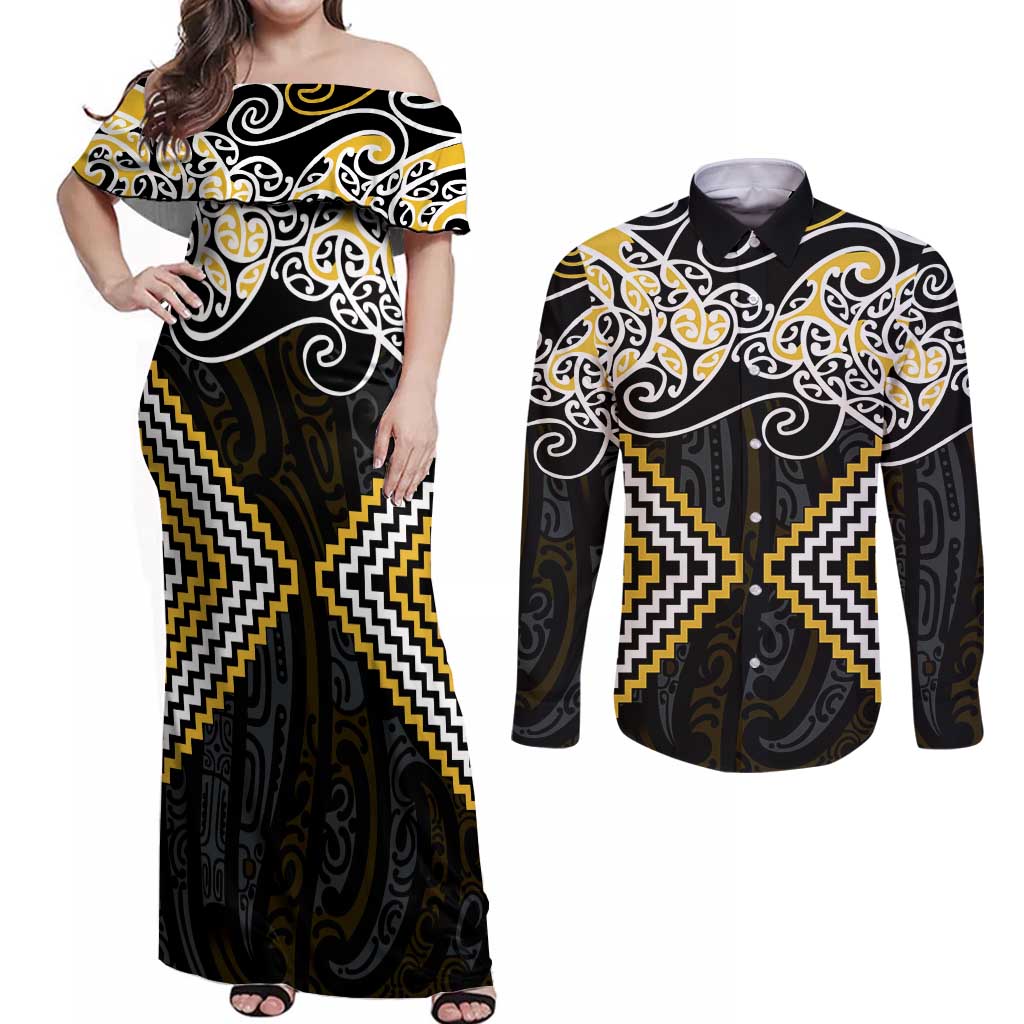 Gold Aotearoa Tukutuku Manawa Tapu Couples Matching Off Shoulder Maxi Dress and Long Sleeve Button Shirt Ta Moko Toi Maori