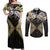 Gold Aotearoa Tukutuku Manawa Tapu Couples Matching Off Shoulder Maxi Dress and Long Sleeve Button Shirt Ta Moko Toi Maori