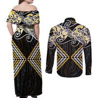 Gold Aotearoa Tukutuku Manawa Tapu Couples Matching Off Shoulder Maxi Dress and Long Sleeve Button Shirt Ta Moko Toi Maori LT9 - Polynesian Pride