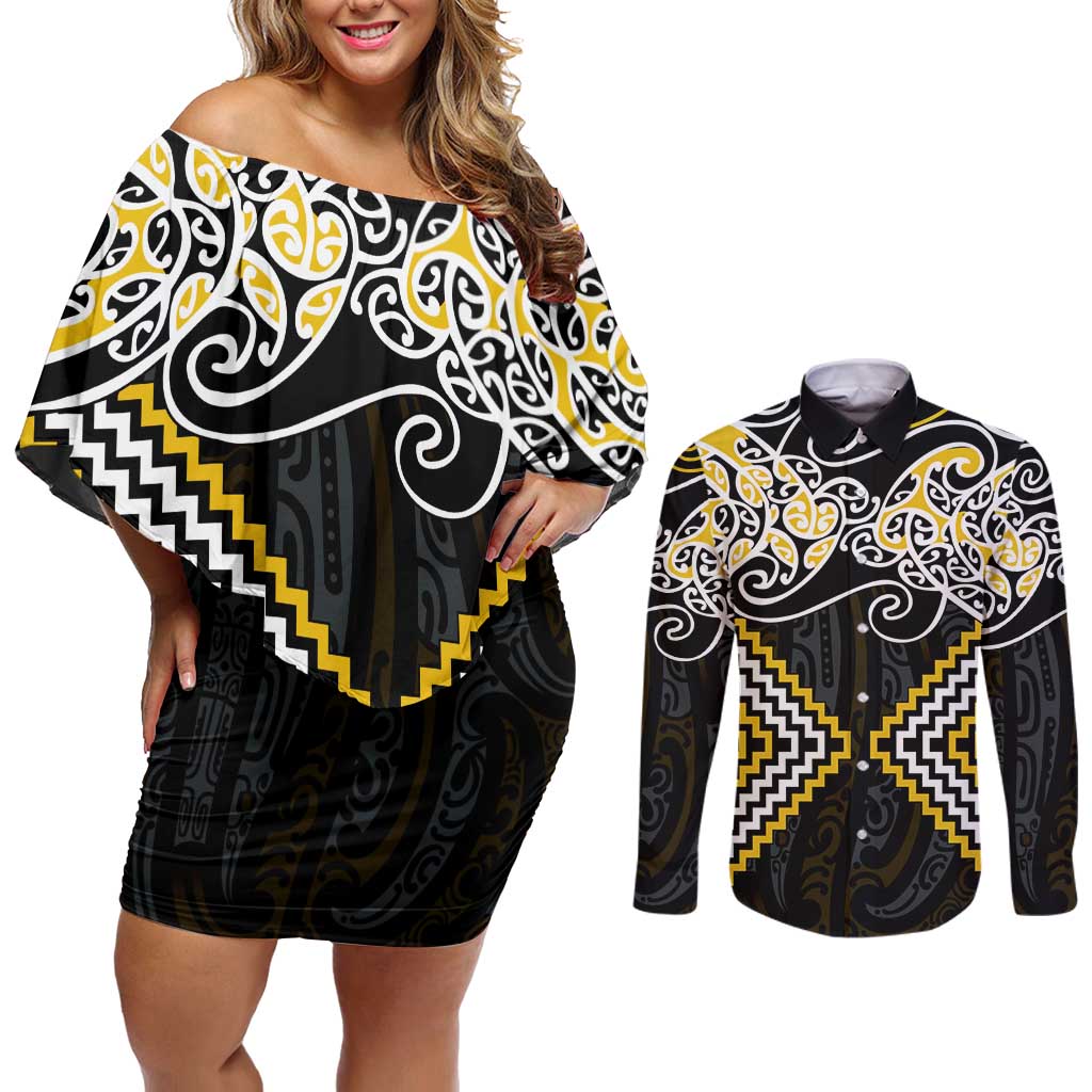 Gold Aotearoa Tukutuku Manawa Tapu Couples Matching Off Shoulder Short Dress and Long Sleeve Button Shirt Ta Moko Toi Maori