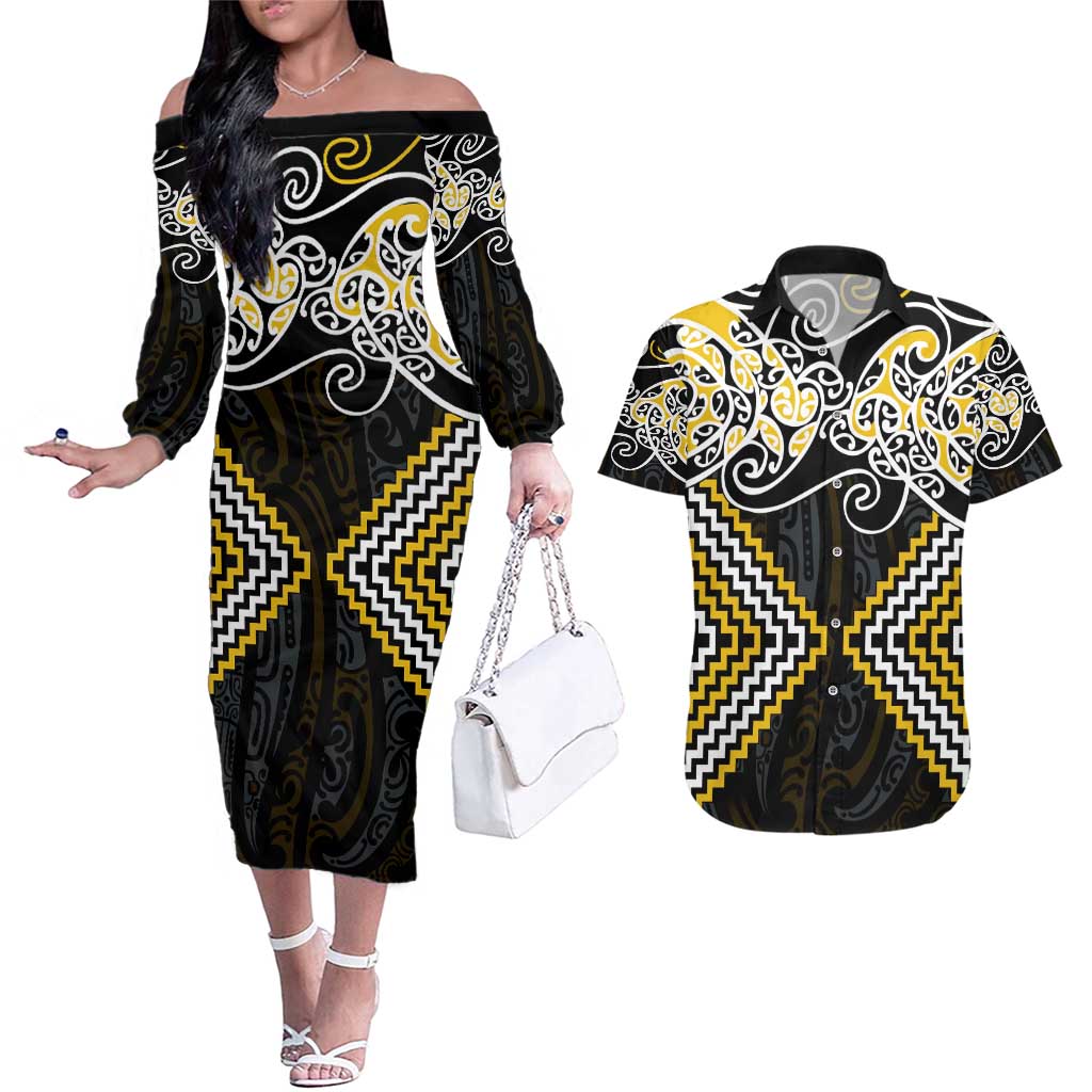 Gold Aotearoa Tukutuku Manawa Tapu Couples Matching Off The Shoulder Long Sleeve Dress and Hawaiian Shirt Ta Moko Toi Maori