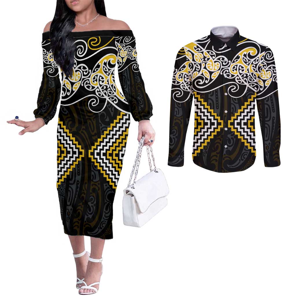 Gold Aotearoa Tukutuku Manawa Tapu Couples Matching Off The Shoulder Long Sleeve Dress and Long Sleeve Button Shirt Ta Moko Toi Maori