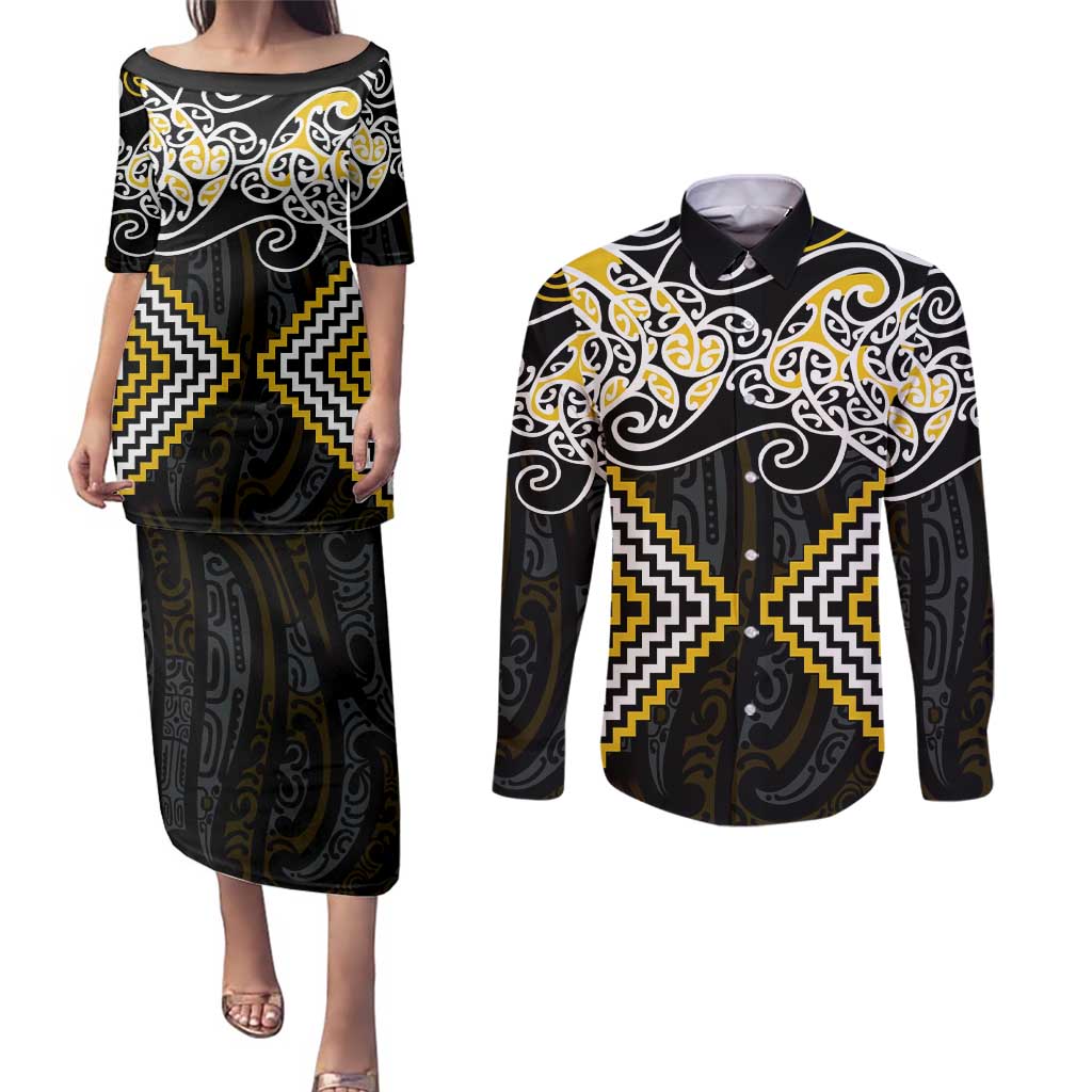 Gold Aotearoa Tukutuku Manawa Tapu Couples Matching Puletasi and Long Sleeve Button Shirt Ta Moko Toi Maori