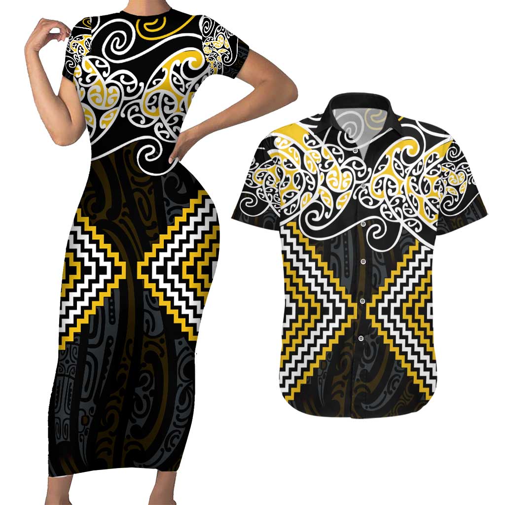 Gold Aotearoa Tukutuku Manawa Tapu Couples Matching Short Sleeve Bodycon Dress and Hawaiian Shirt Ta Moko Toi Maori