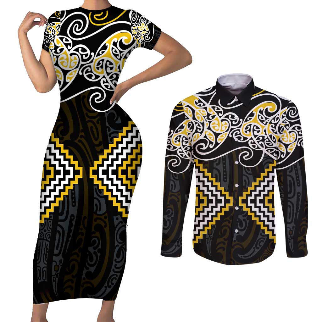 Gold Aotearoa Tukutuku Manawa Tapu Couples Matching Short Sleeve Bodycon Dress and Long Sleeve Button Shirt Ta Moko Toi Maori