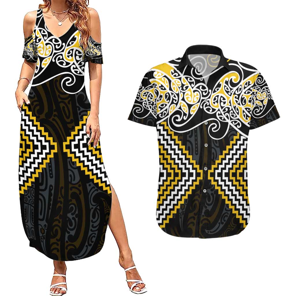 Gold Aotearoa Tukutuku Manawa Tapu Couples Matching Summer Maxi Dress and Hawaiian Shirt Ta Moko Toi Maori