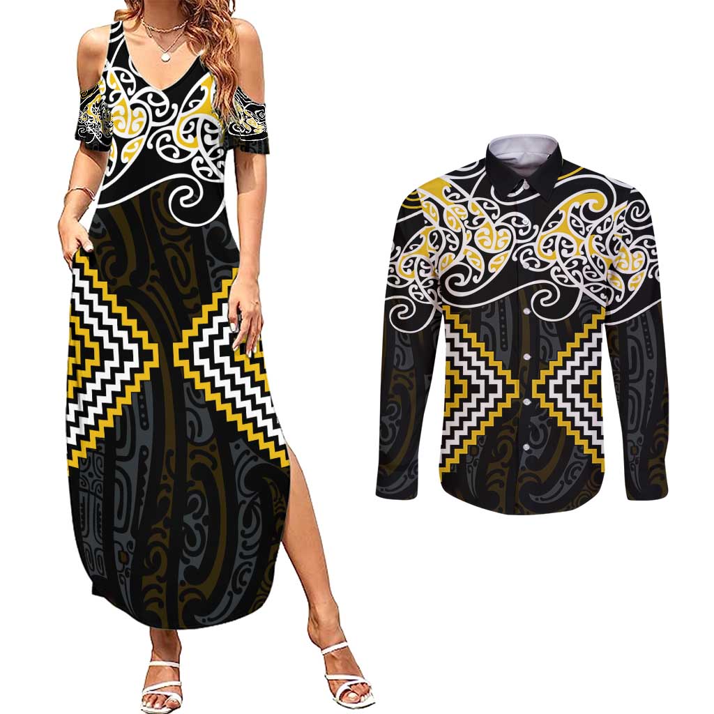 Gold Aotearoa Tukutuku Manawa Tapu Couples Matching Summer Maxi Dress and Long Sleeve Button Shirt Ta Moko Toi Maori