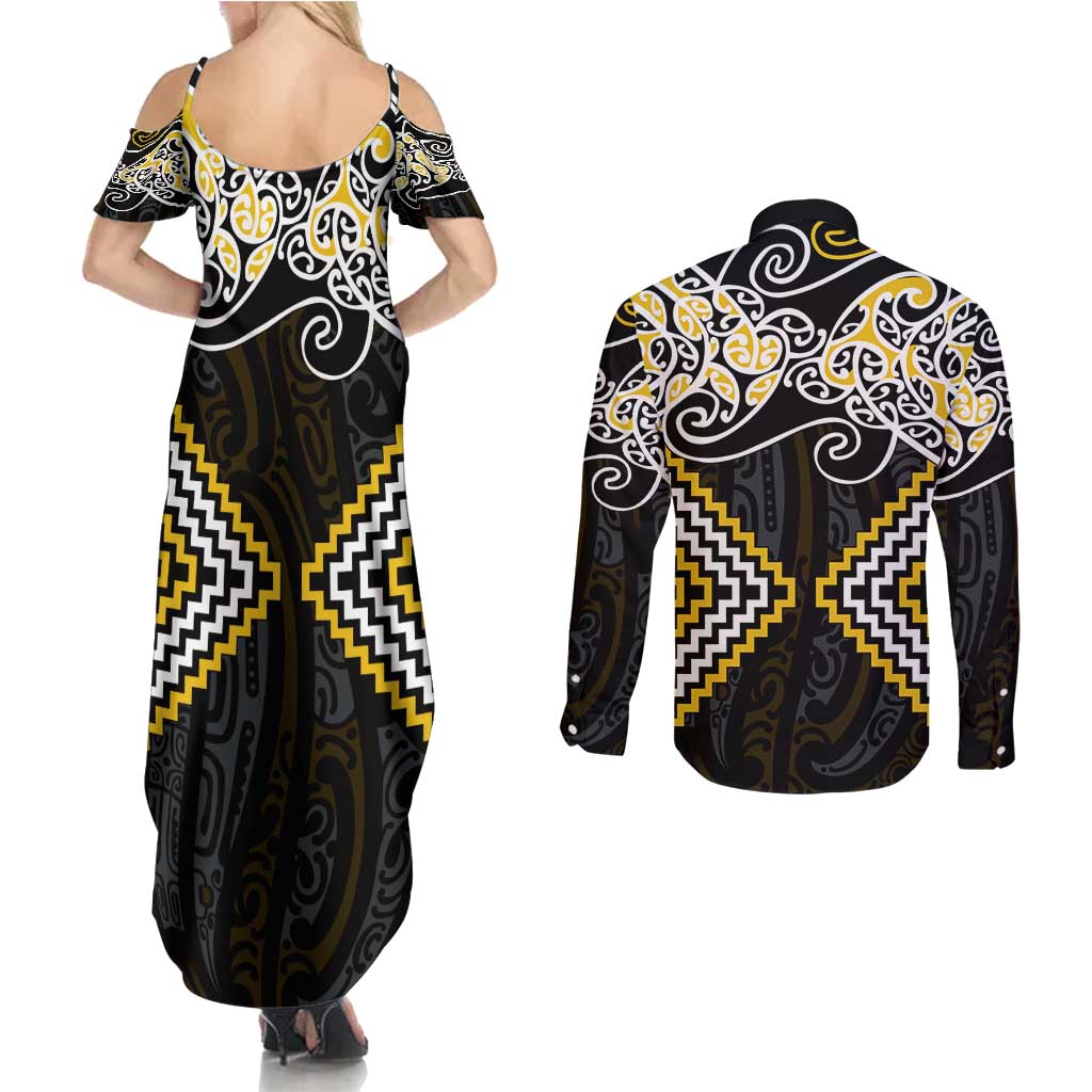 Gold Aotearoa Tukutuku Manawa Tapu Couples Matching Summer Maxi Dress and Long Sleeve Button Shirt Ta Moko Toi Maori LT9 - Polynesian Pride