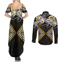 Gold Aotearoa Tukutuku Manawa Tapu Couples Matching Summer Maxi Dress and Long Sleeve Button Shirt Ta Moko Toi Maori LT9 - Polynesian Pride
