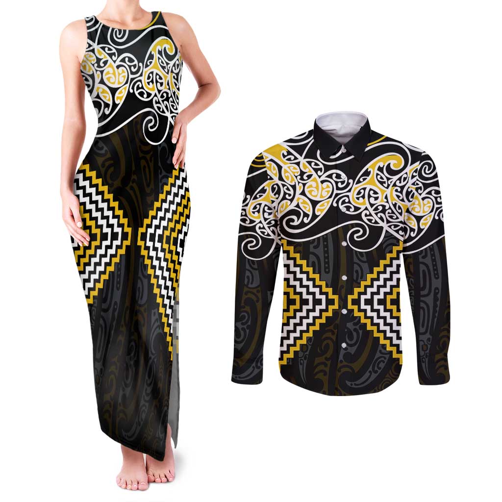 Gold Aotearoa Tukutuku Manawa Tapu Couples Matching Tank Maxi Dress and Long Sleeve Button Shirt Ta Moko Toi Maori