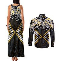 Gold Aotearoa Tukutuku Manawa Tapu Couples Matching Tank Maxi Dress and Long Sleeve Button Shirt Ta Moko Toi Maori LT9 - Polynesian Pride
