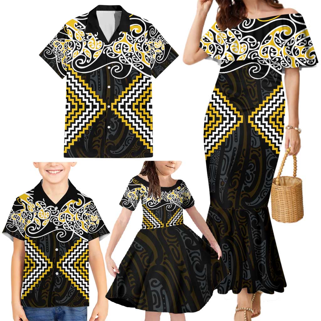 Gold Aotearoa Tukutuku Manawa Tapu Family Matching Mermaid Dress and Hawaiian Shirt Ta Moko Toi Maori