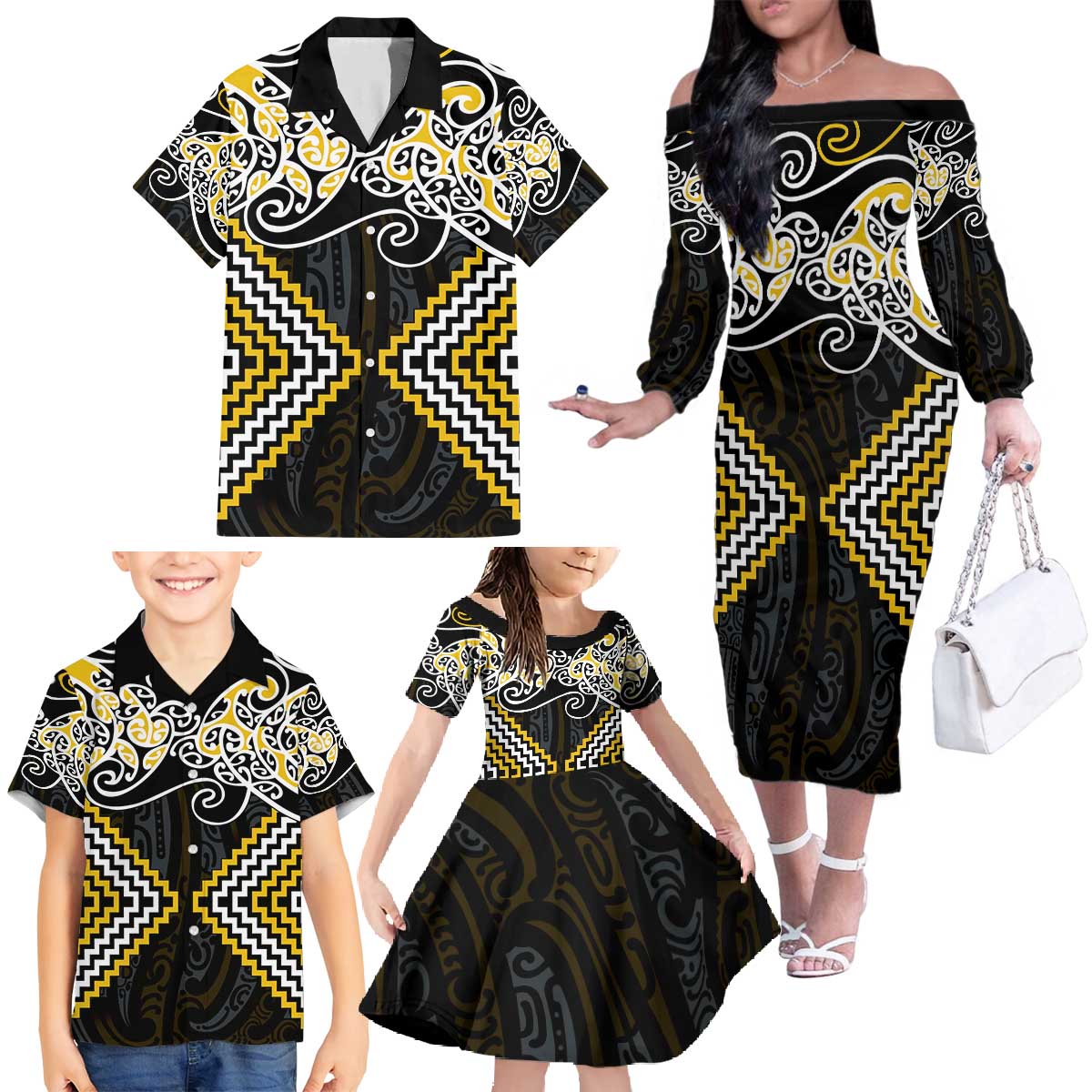 Gold Aotearoa Tukutuku Manawa Tapu Family Matching Off The Shoulder Long Sleeve Dress and Hawaiian Shirt Ta Moko Toi Maori