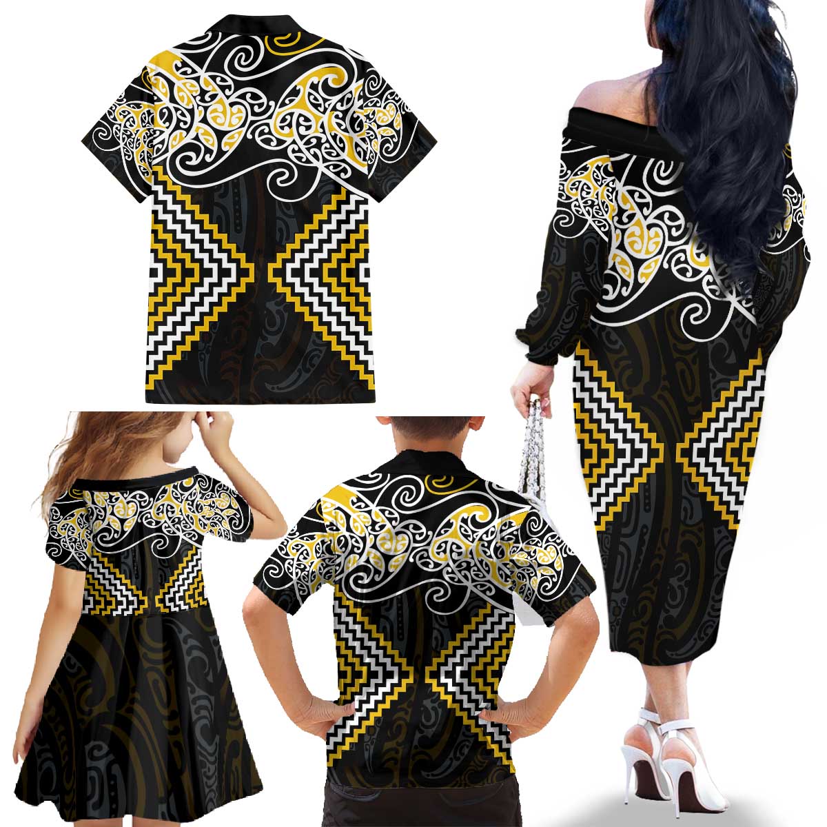Gold Aotearoa Tukutuku Manawa Tapu Family Matching Off The Shoulder Long Sleeve Dress and Hawaiian Shirt Ta Moko Toi Maori