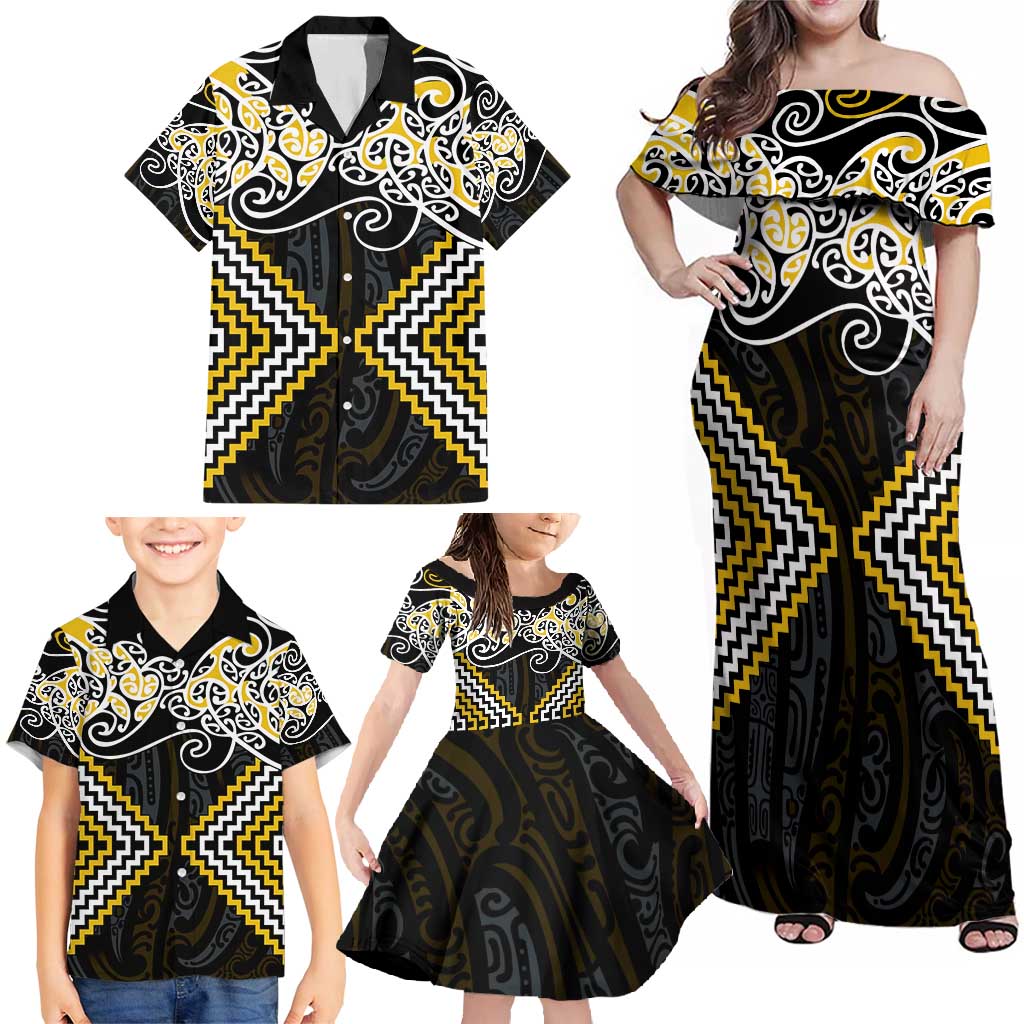 Gold Aotearoa Tukutuku Manawa Tapu Family Matching Off Shoulder Maxi Dress and Hawaiian Shirt Ta Moko Toi Maori