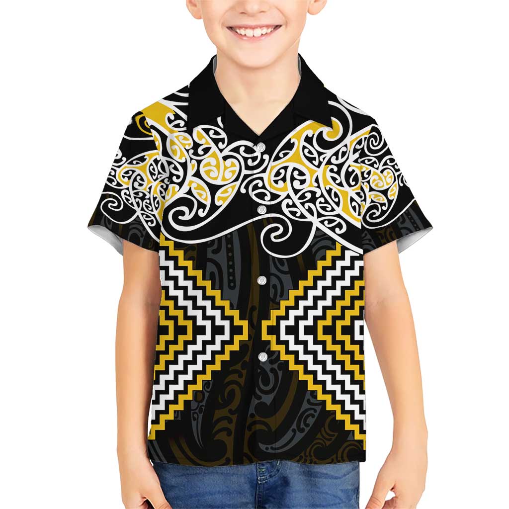 Gold Aotearoa Tukutuku Manawa Tapu Kid Hawaiian Shirt Ta Moko Toi Maori