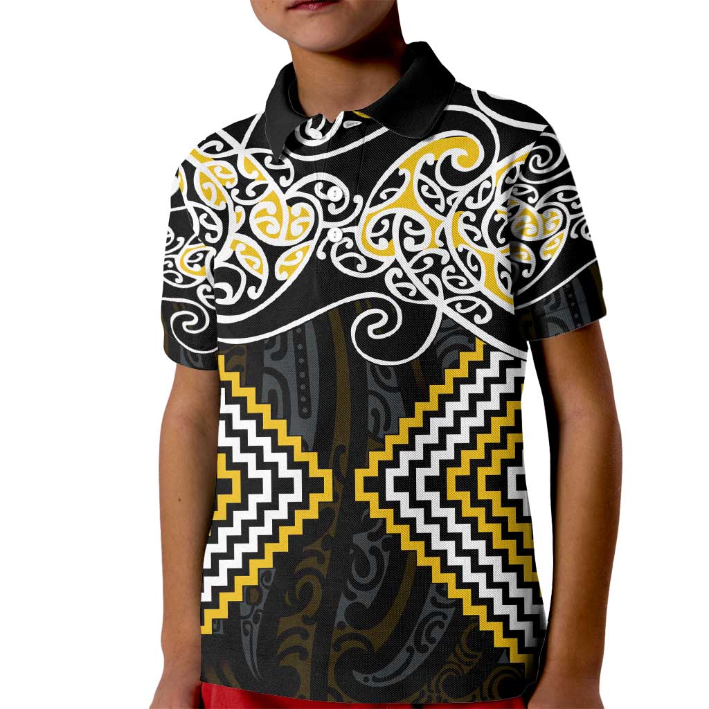 Gold Aotearoa Tukutuku Manawa Tapu Kid Polo Shirt Ta Moko Toi Maori