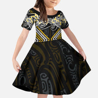 Gold Aotearoa Tukutuku Manawa Tapu Kid Short Sleeve Dress Ta Moko Toi Maori LT9 KID Gold - Polynesian Pride