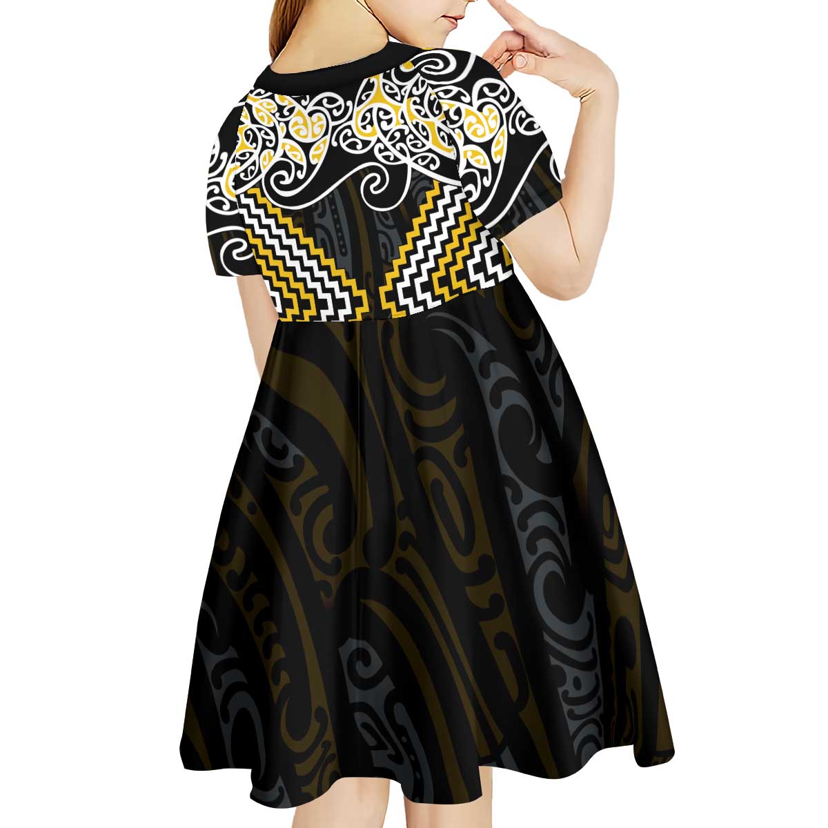 Gold Aotearoa Tukutuku Manawa Tapu Kid Short Sleeve Dress Ta Moko Toi Maori LT9 - Polynesian Pride