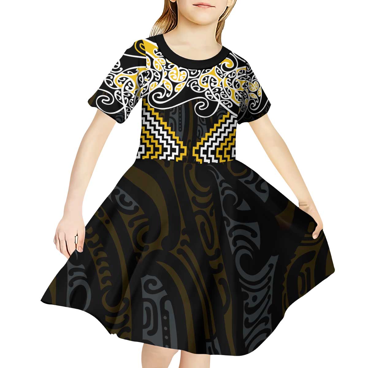 Gold Aotearoa Tukutuku Manawa Tapu Kid Short Sleeve Dress Ta Moko Toi Maori LT9 - Polynesian Pride