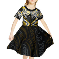 Gold Aotearoa Tukutuku Manawa Tapu Kid Short Sleeve Dress Ta Moko Toi Maori LT9 - Polynesian Pride