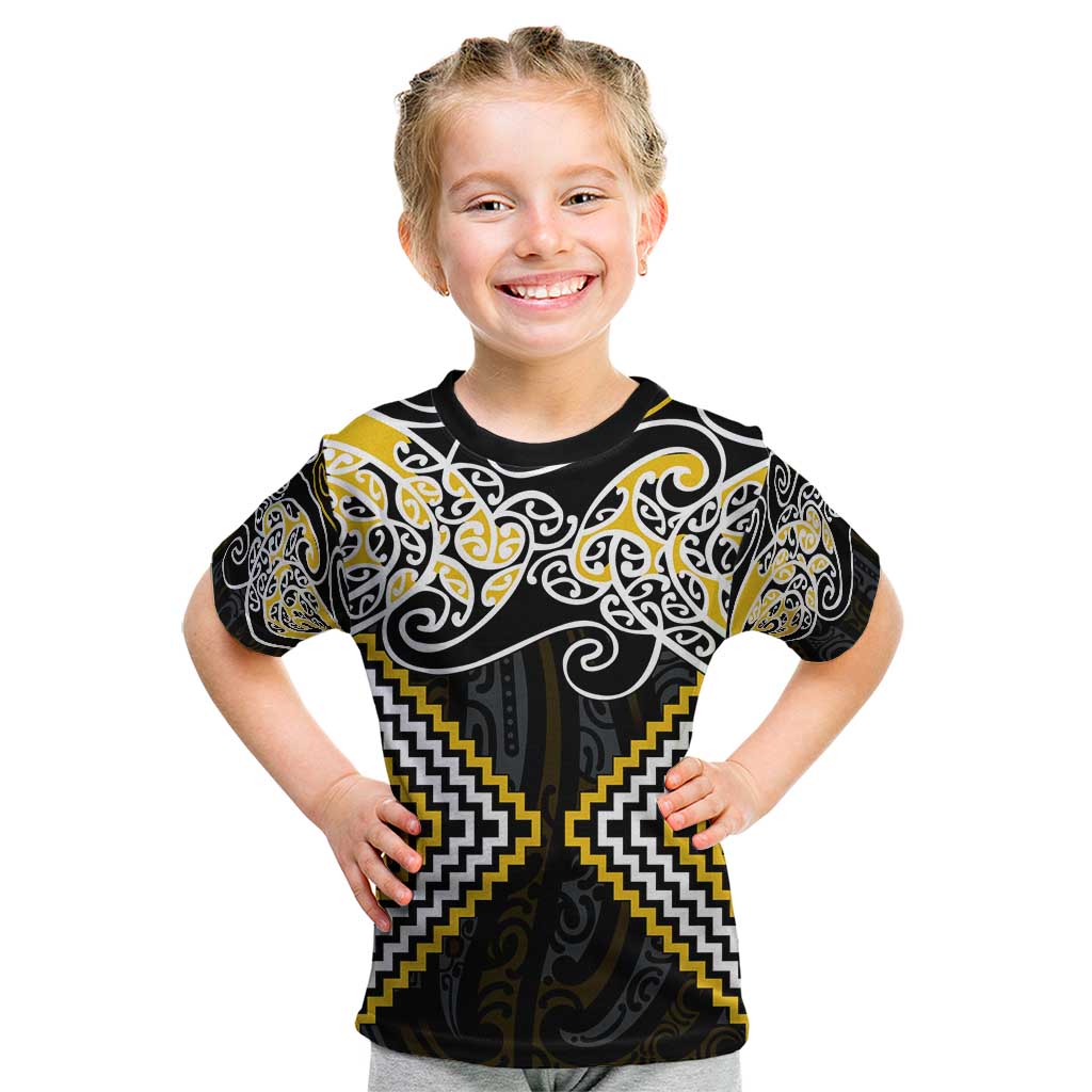 Gold Aotearoa Tukutuku Manawa Tapu Kid T Shirt Ta Moko Toi Maori