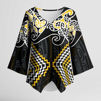 Gold Aotearoa Tukutuku Manawa Tapu Kimono Sleeve Blouse Ta Moko Toi Maori - Polynesian Pride