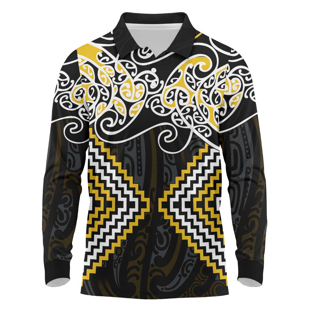 Gold Aotearoa Tukutuku Manawa Tapu Long Sleeve Polo Shirt Ta Moko Toi Maori