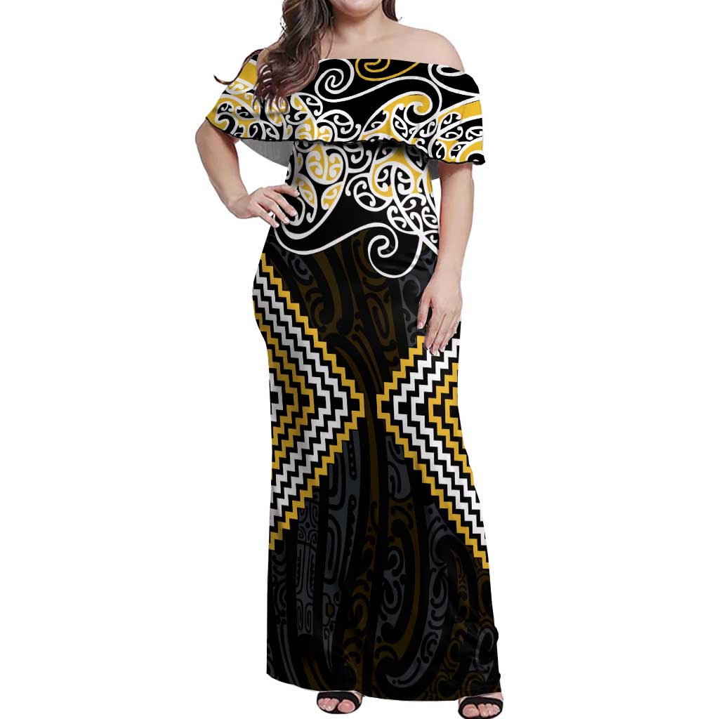 Gold Aotearoa Tukutuku Manawa Tapu Off Shoulder Maxi Dress Ta Moko Toi Maori