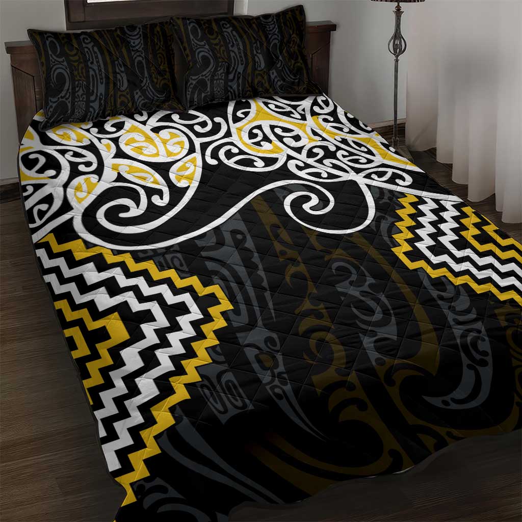 Gold Aotearoa Tukutuku Manawa Tapu Quilt Bed Set Ta Moko Toi Maori