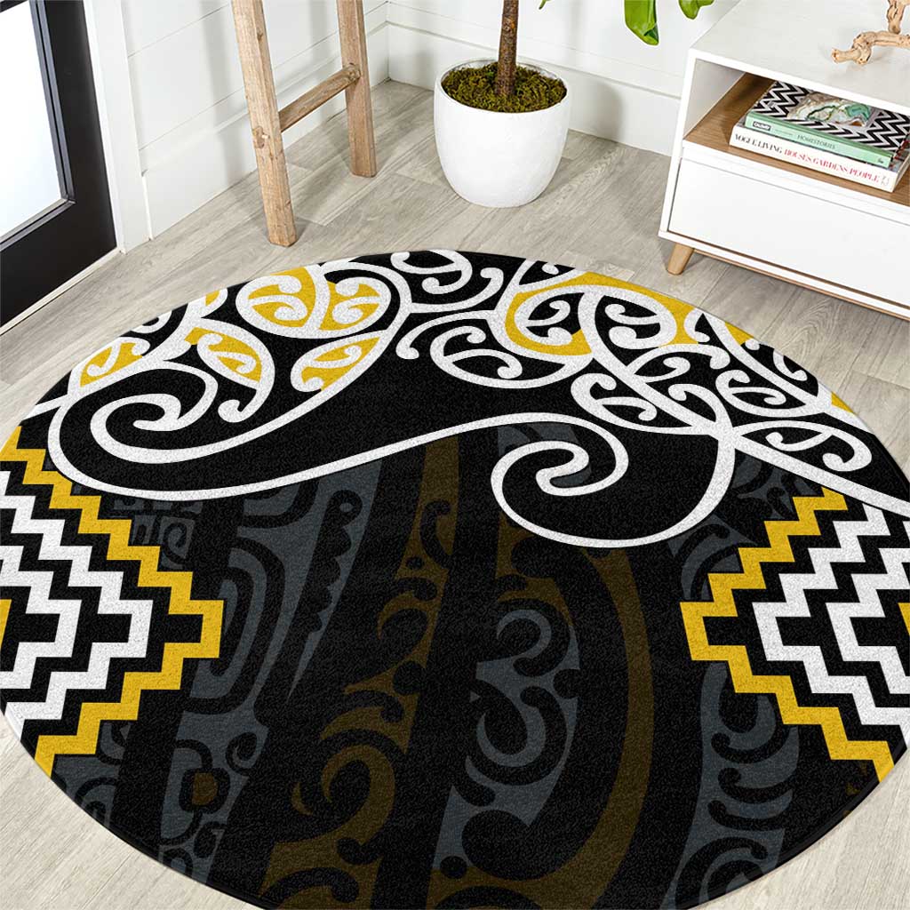 Gold Aotearoa Tukutuku Manawa Tapu Round Carpet Ta Moko Toi Maori