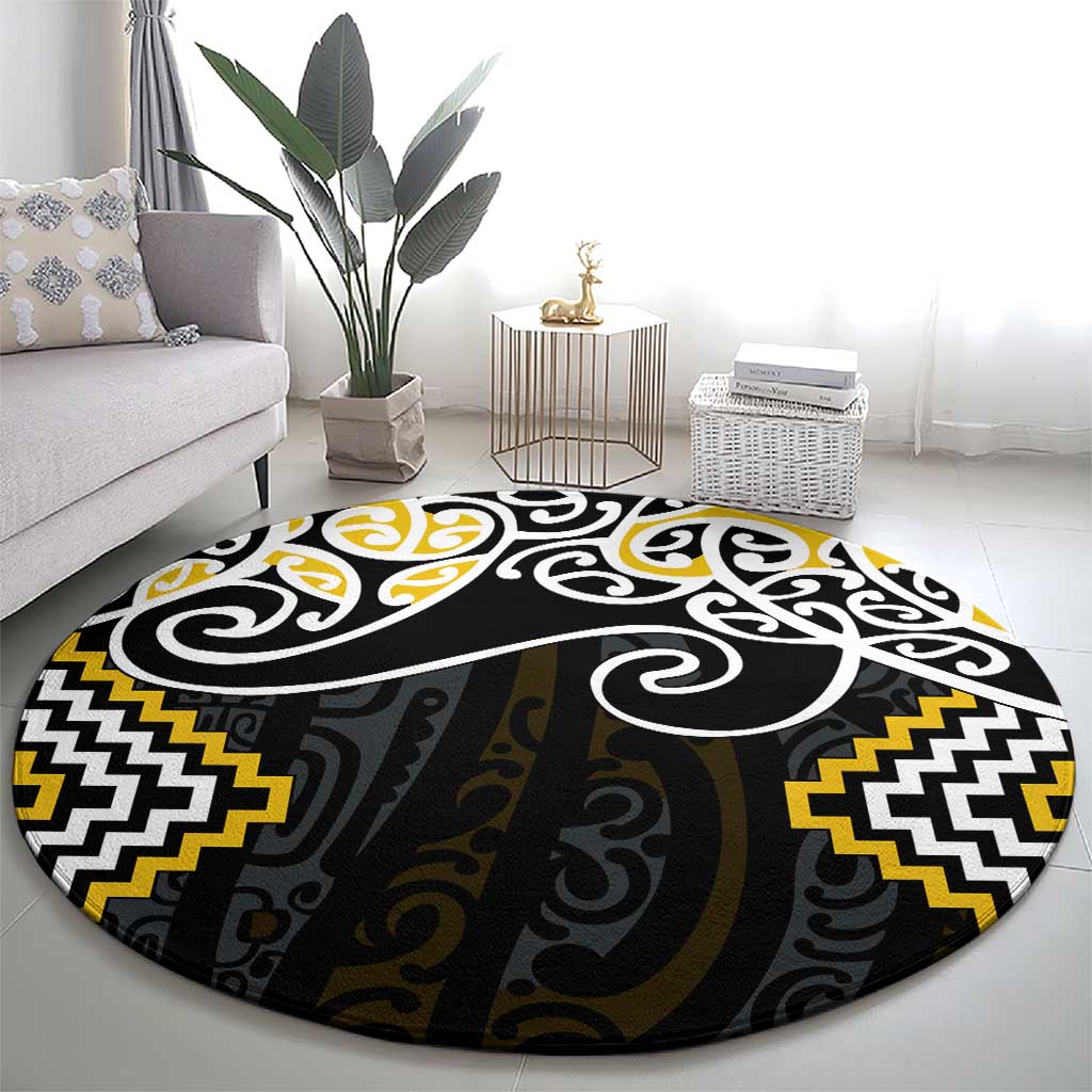 Gold Aotearoa Tukutuku Manawa Tapu Round Carpet Ta Moko Toi Maori