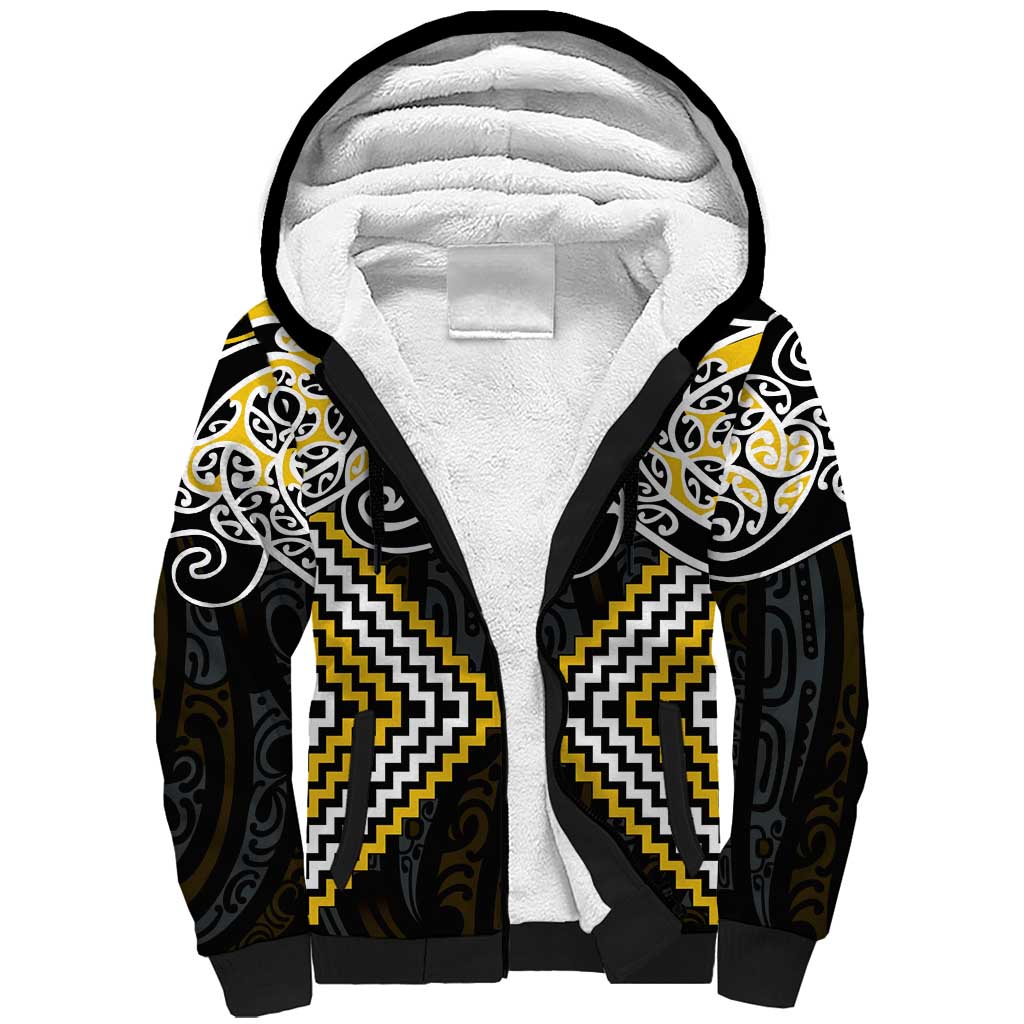 Gold Aotearoa Tukutuku Manawa Tapu Sherpa Hoodie Ta Moko Toi Maori