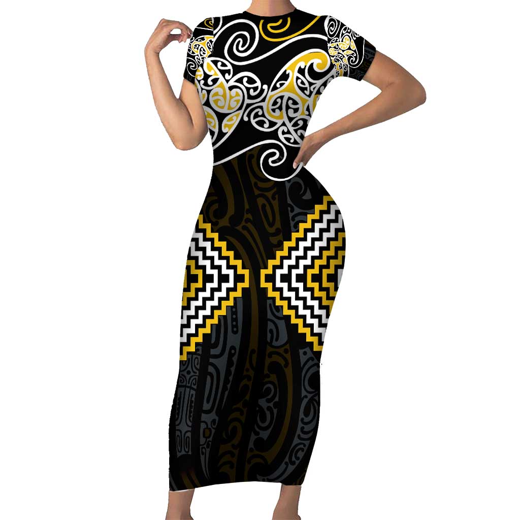 Gold Aotearoa Tukutuku Manawa Tapu Short Sleeve Bodycon Dress Ta Moko Toi Maori