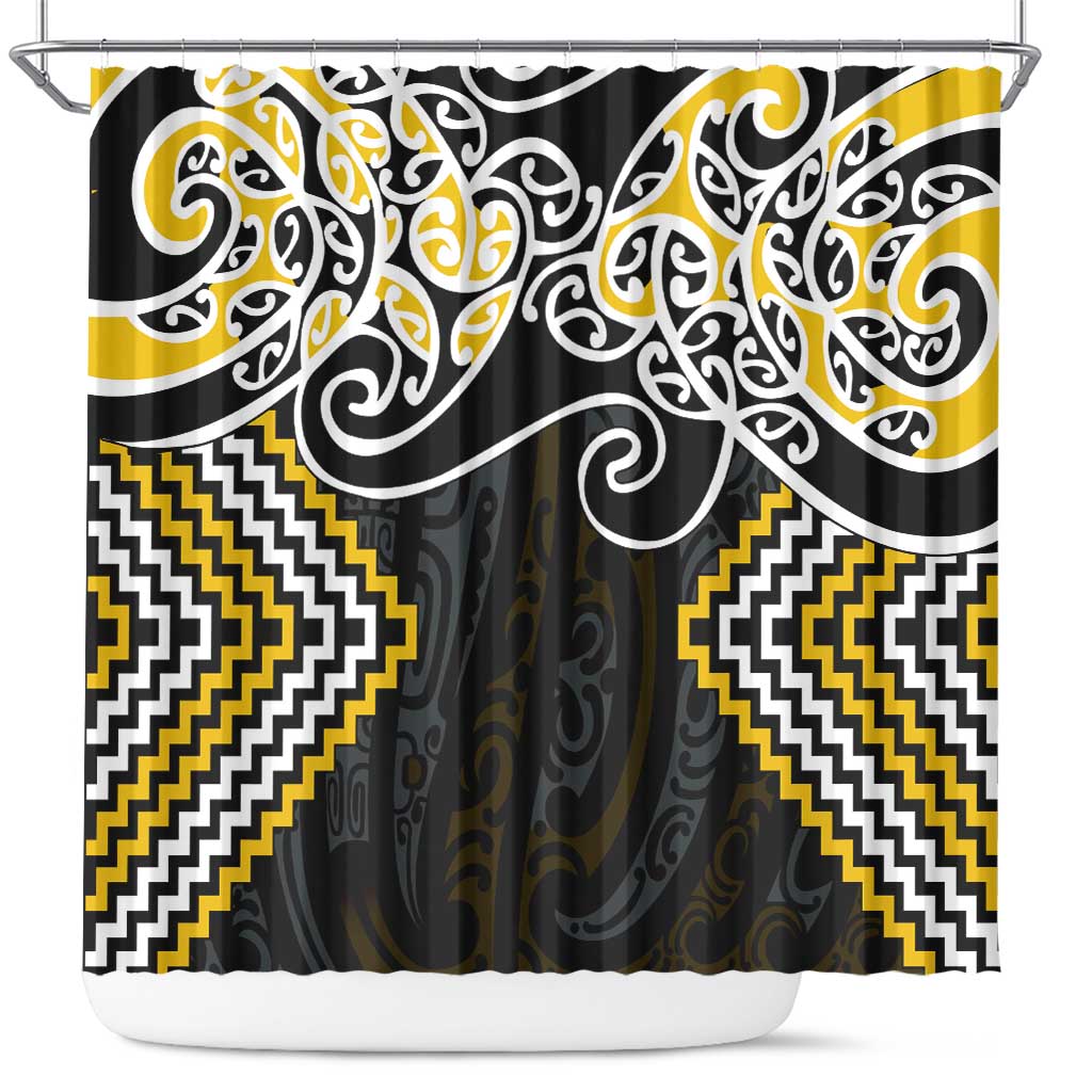 Gold Aotearoa Tukutuku Manawa Tapu Shower Curtain Ta Moko Toi Maori