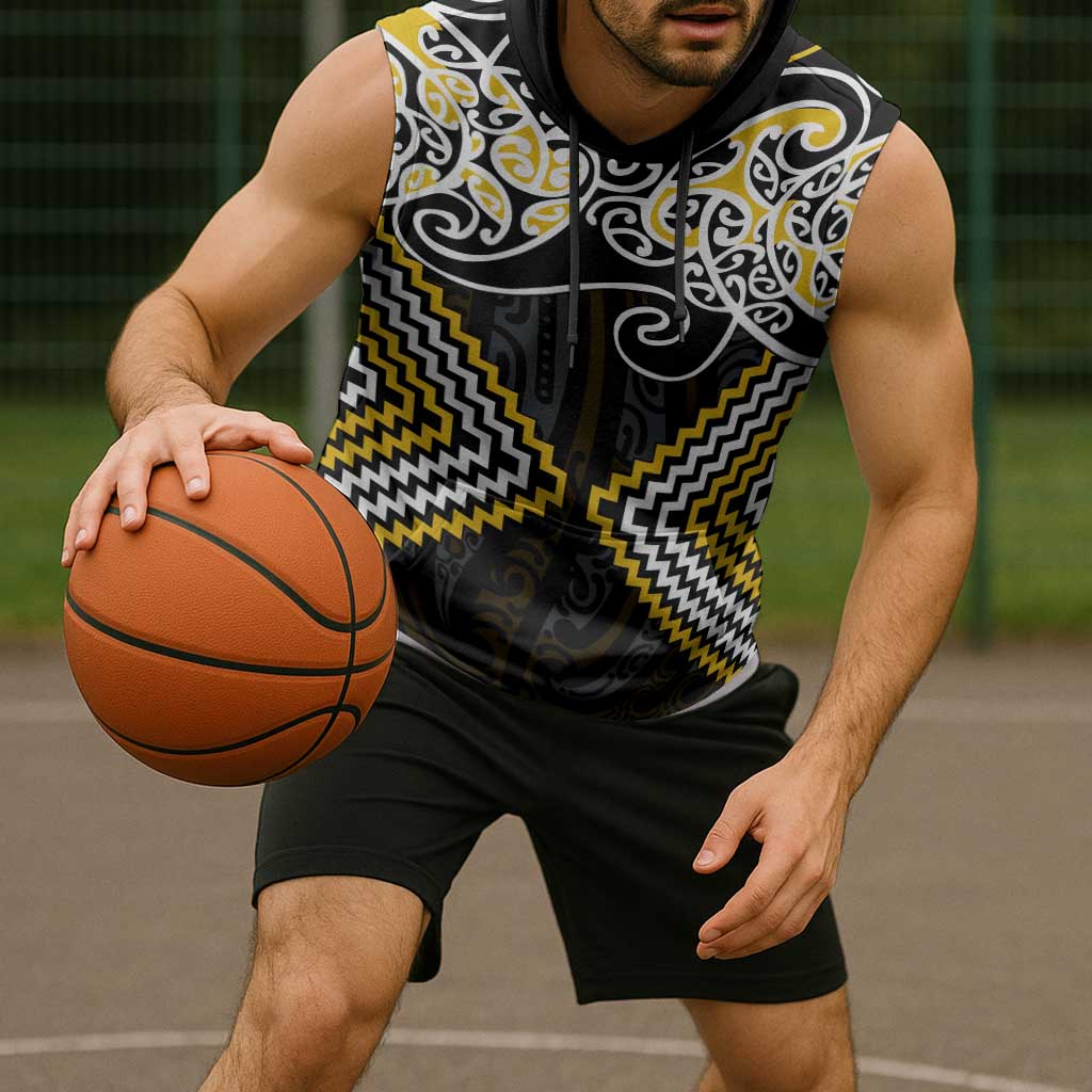 Gold Aotearoa Tukutuku Manawa Tapu Sleeveless Hoodie Ta Moko Toi Maori - Polynesian Pride